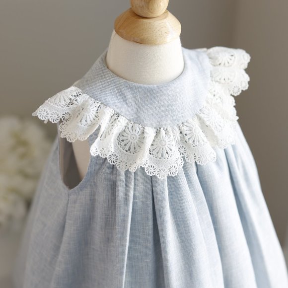 Blue Linen Float Dress Crocheted Lace Collar Bailey Boys Boutique NWT - Picture 2 of 5